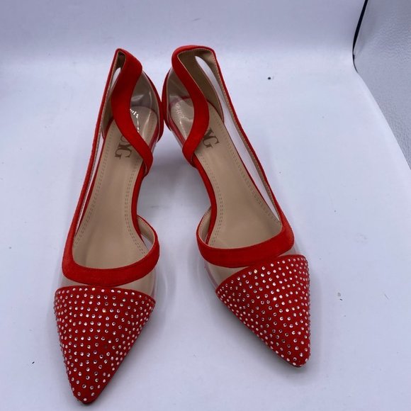 NUYG Pointed Toe Rhinestones Low Kitten Heel PVC Pumps - Picture 2 of 10